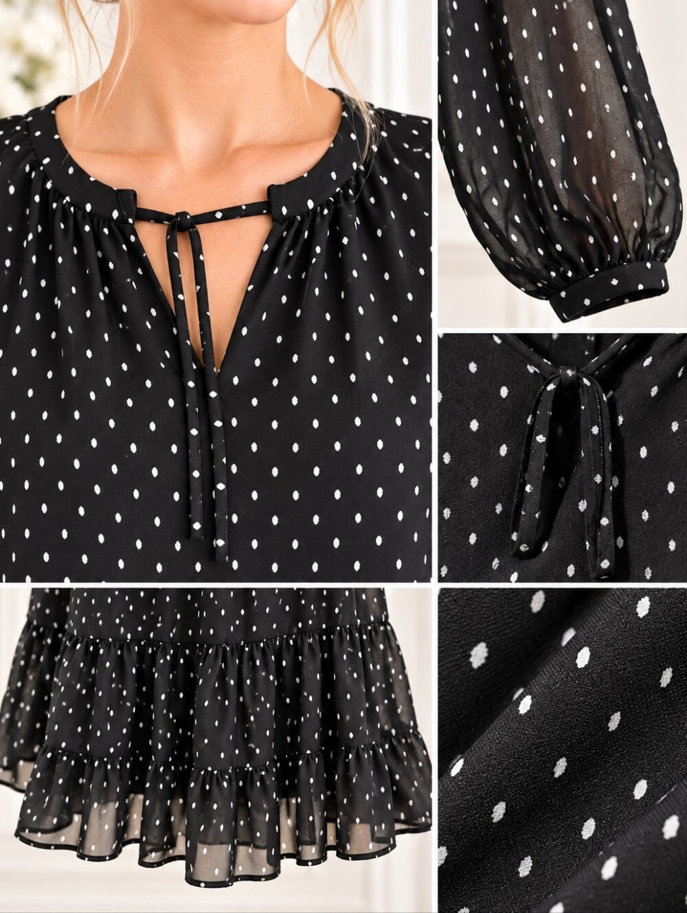 LOFT Black Swiss Dot Tiered Dress | Sheer Sleeve | Romantic Mini | Size Small - Picture 4 of 9